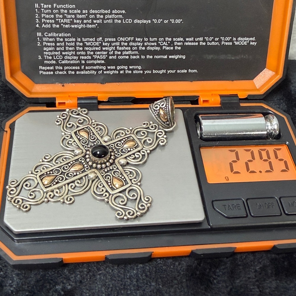 Signed BA Sterling‎ Silver 18k Gold Black Onyx Filigree Cross Pendant Wt. 22.95g - Picture 10 of 14